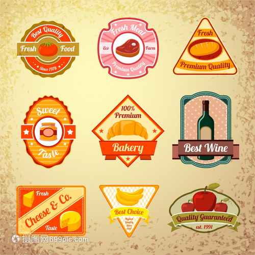 收集食物邮票标签的新鲜天然蔬菜,水果肉类产品矢量插图